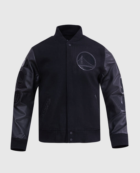NBA Golden State Warriors Men's Black Varsity Leather Jacket - front view
