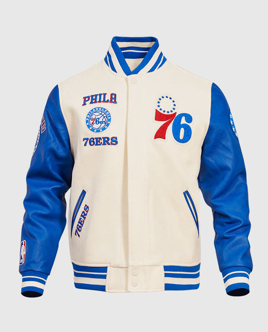 NBA Philadelphia 76ers Men's Rib Blue & White Wool Varsity Jacket - front view