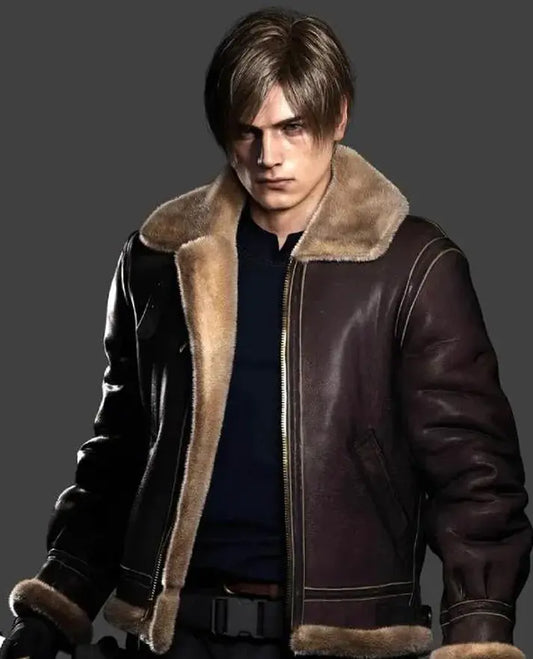 Resident Evil 4 Remake Leon Kennedy Brown Bomber Leather Jacket - front view