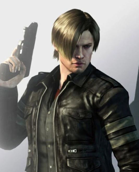 Resident Evil 6 Leon Kennedy Black Leather Jacket for Men - front view
