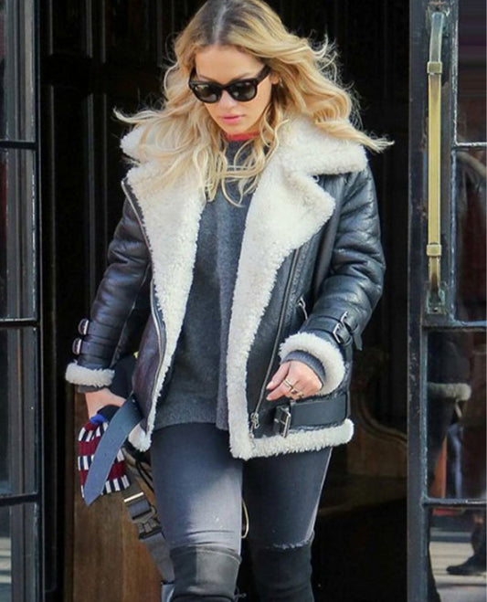 Rita Ora Black Leather Biker Jacket for Women – Custom Fit - front view