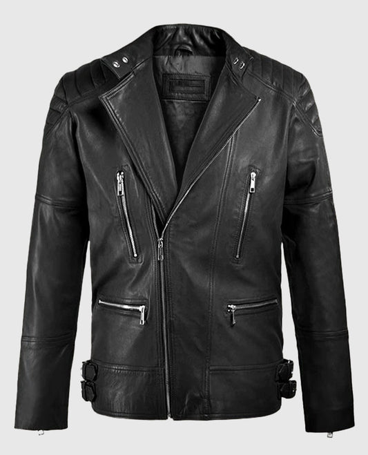 Shotgun Black Moto Leather Jacket for Men – Custom Fit - front view