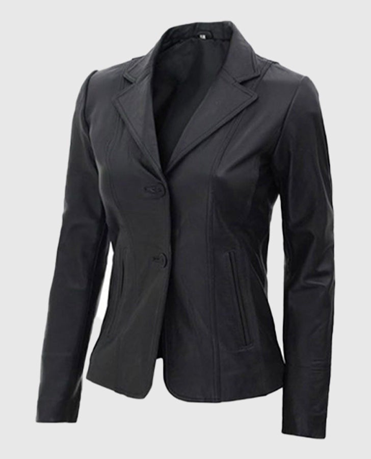 Women's Black Leather Blazer – Premium Outerwear – Custom Fit - collar and zip close-up