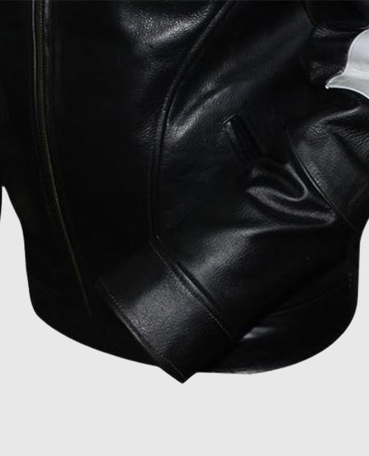 8 Ball Pool Billiard Cue 90's Retro Black Leather Jacket for Men - side angle view