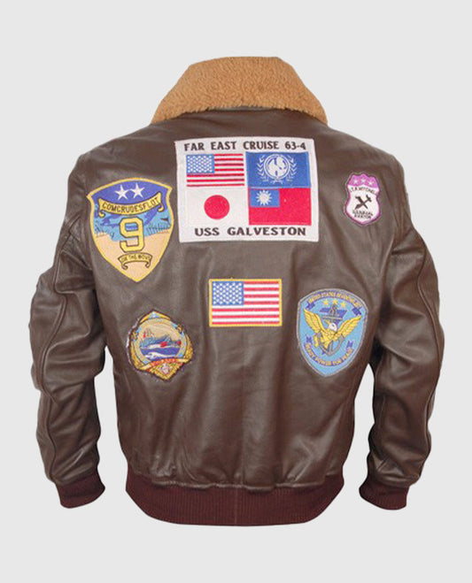 Top Gun Pete Mitchell Brown Bomber Leather Jacket for Men - side angle view