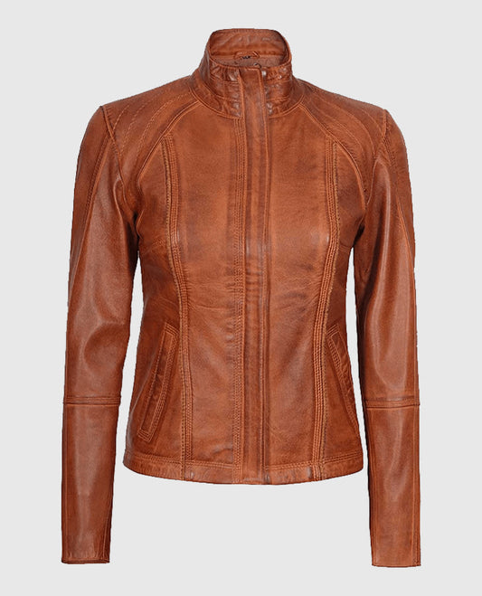 Women's Acerra Real Cognac Brown Leather Jacket – Custom Fit - front view