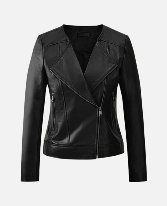 Women's Black Collarless Biker Leather Jacket – Custom Fit - front view
