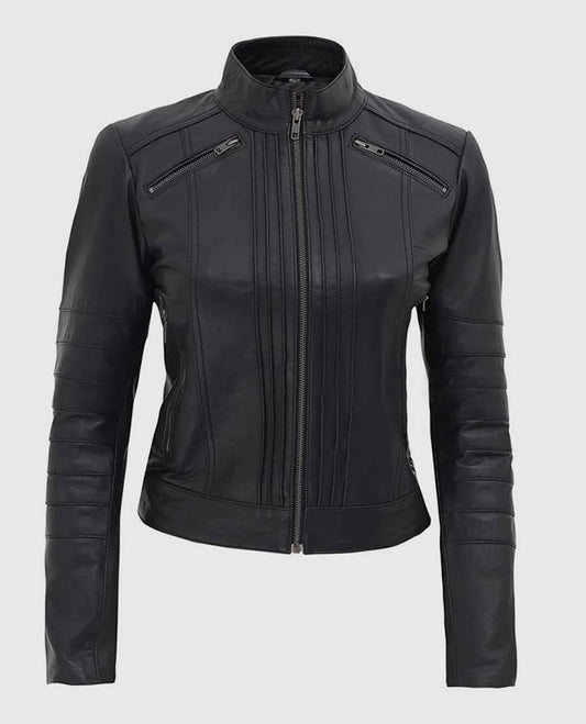 Women's Black Leather Cafe Racer Jacket with Decorated Seams - front view