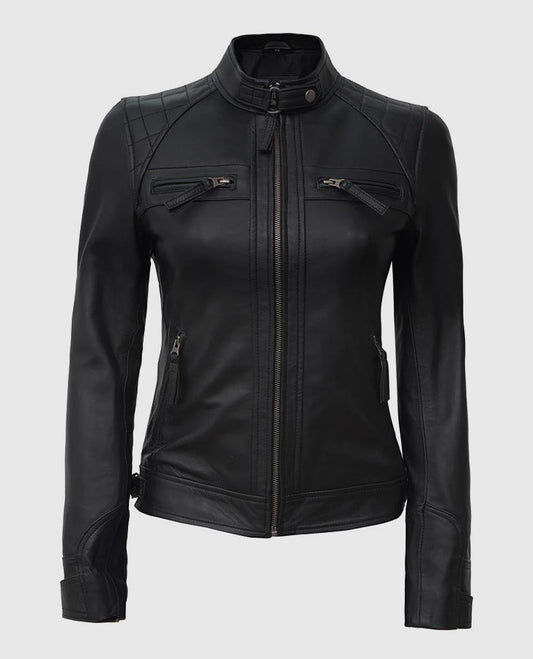 Women's Black Quilted Cafe Racer Leather Jacket – Custom Fit - front view