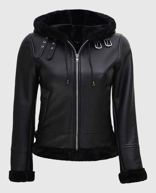 Women's Black Shearling Bomber Leather Jacket with Hood - front view