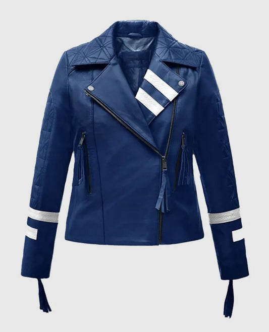 Women's Blue Biker Leather Jacket – Premium Outerwear - front view