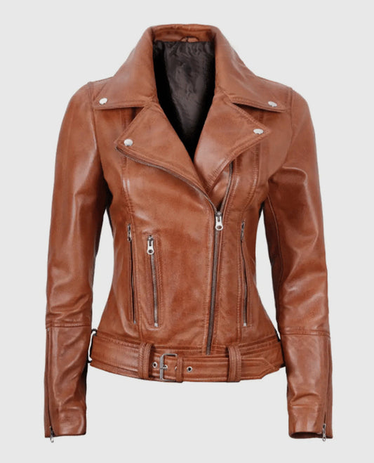 Women's Light Brown Asymmetrical Leather Biker Jacket - Belted - front view
