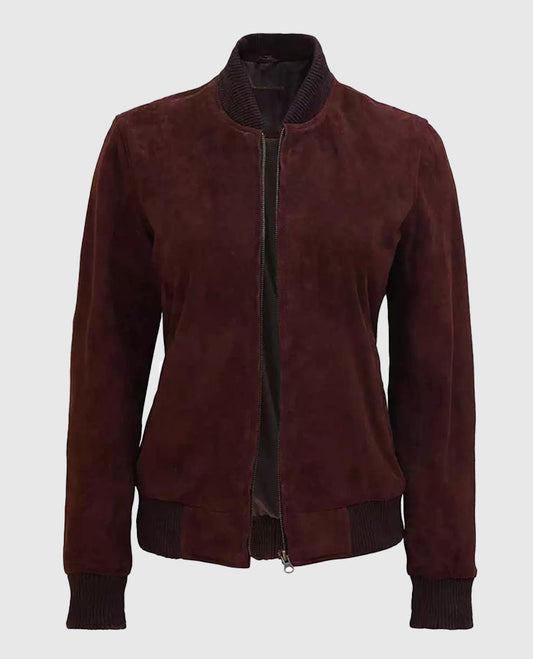 Women's Maroon Suede Leather Bomber Jacket – Premium Outerwear - front view