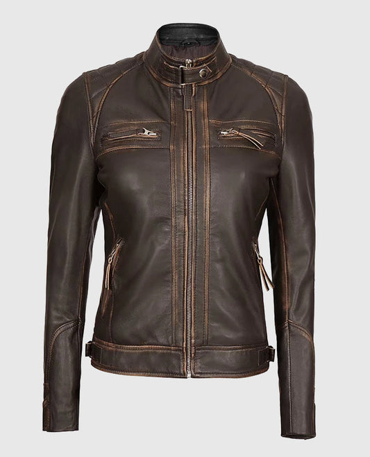 Women's Rub Off Dark Brown Quilted Leather Cafe Racer Jacket - front view