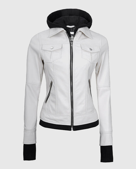 Women's White Bomber Leather Jacket with Hood – Custom Fit - front view