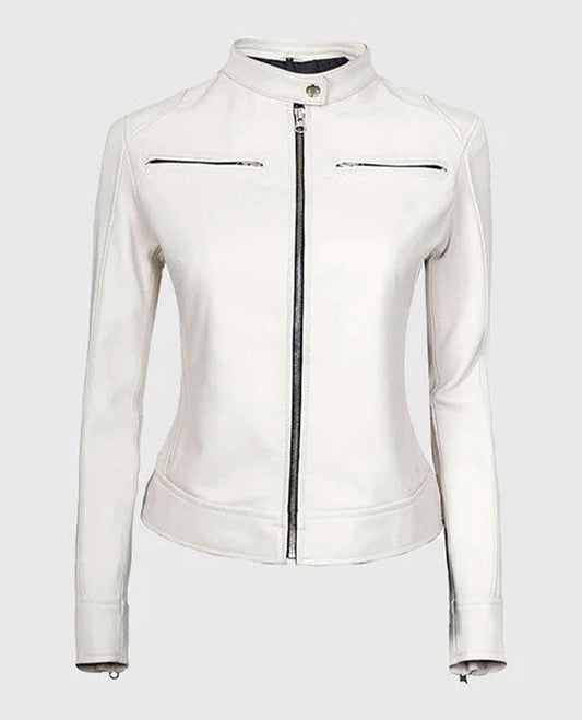 Women's White Leather Cafe Racer Jacket – Premium Outerwear - front view