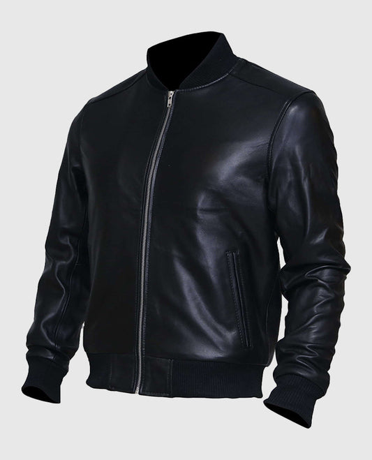 Men's Black Sheepskin Leather Varsity Bomber Jacket - side angle view