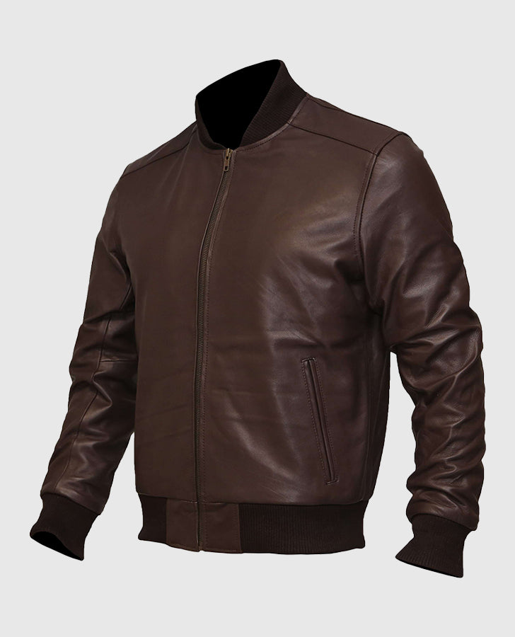 Men's Dark Brown Leather Varsity Bomber Jacket – Custom Fit - side angle view
