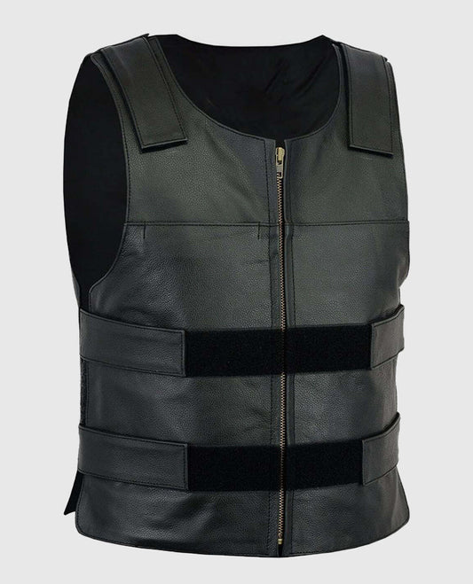Men's Motorcycle Black Leather Vest – Premium Outerwear - side angle view