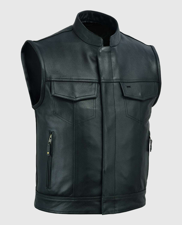 Men's Black Vintage Leather Biker Vest | Genuine Leather - side angle view