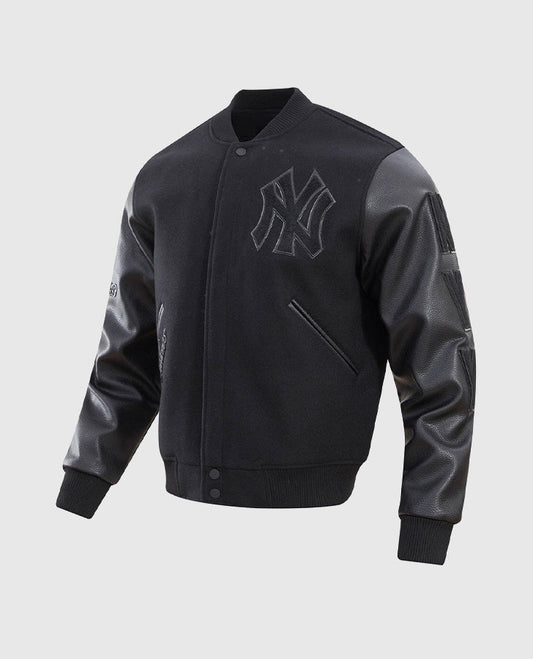MLB New York Yankees Men's Black Varsity Leather Jacket - side angle view