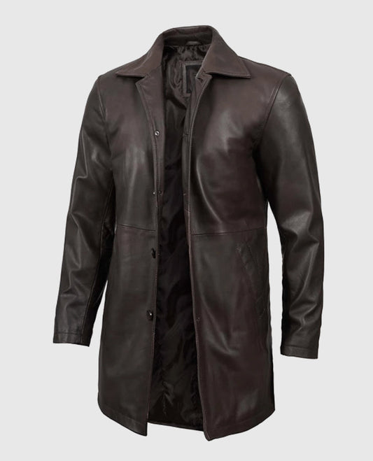 Men's Distressed Dark Brown Leather Coat – Premium Outerwear - side angle view
