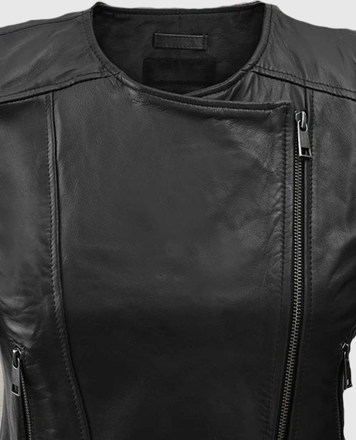 Women's Black Collarless Biker Leather Jacket – Custom Fit - model wearing the jacket