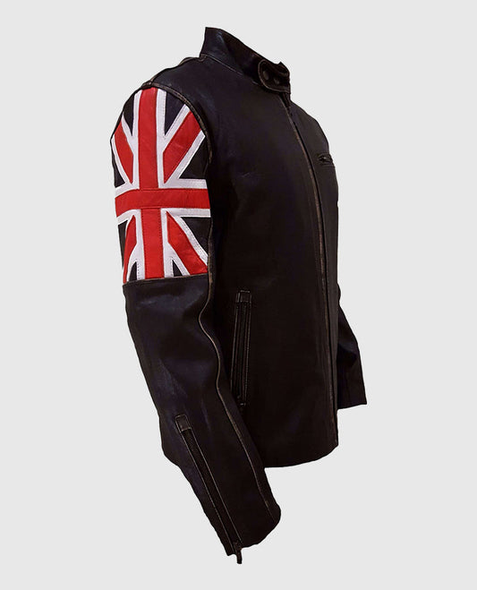 Men's UK Flag Cafe Racer Vintage Black Leather Jacket - side angle view