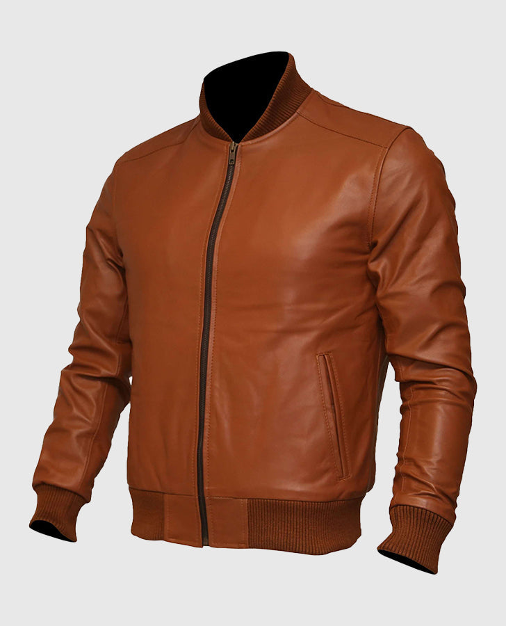 Men's US Flag Tan Brown Bomber Leather Jacket – Custom Fit - collar and zip close-up