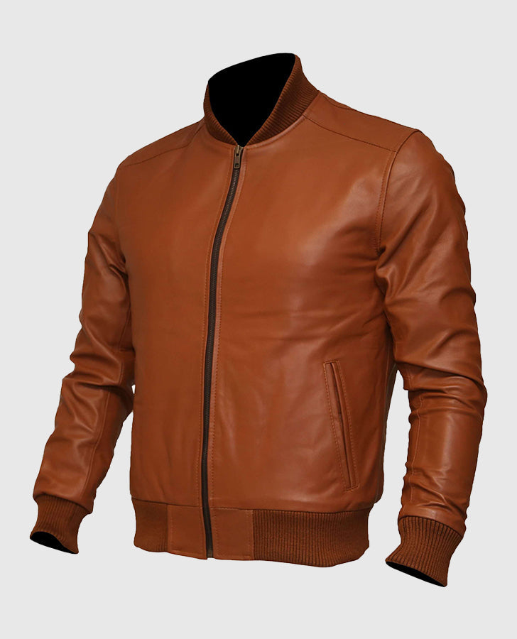 Men's Brown Leather Bomber Jacket – Custom Fit | Genuine Leather - collar and zip close-up
