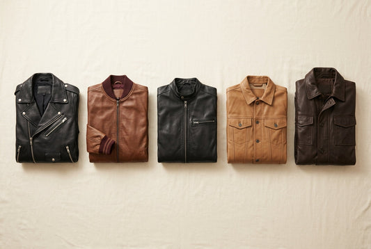 Five leather jacket styles laid flat: biker, bomber, racer, trucker and field jacket