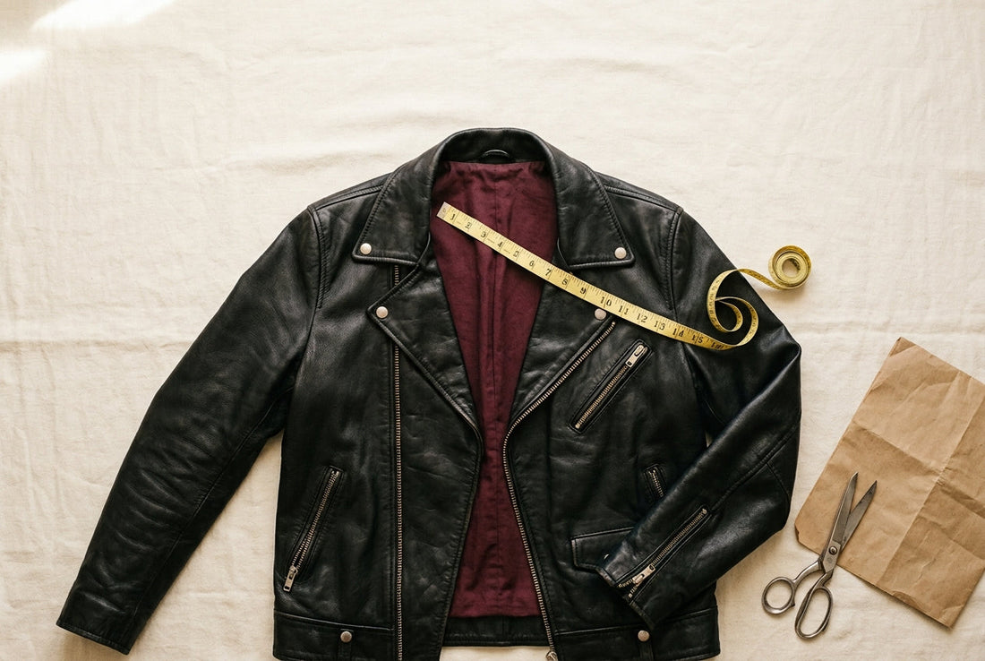 Measuring tape across the chest of a black leather jacket for custom sizing