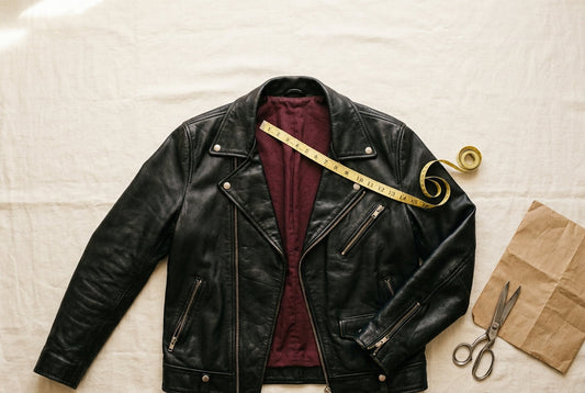 Measuring tape across the chest of a black leather jacket for custom sizing