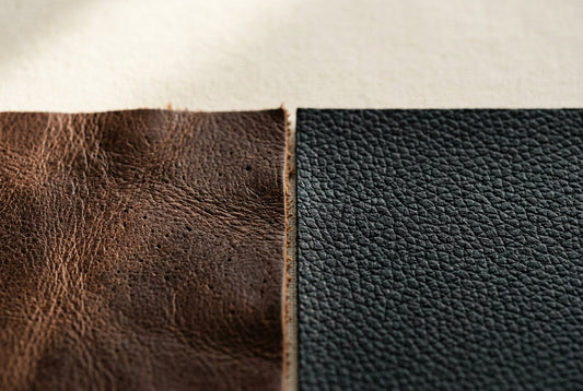 Close-up comparison of natural leather grain and uniform faux leather texture