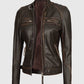 Women's Rub Off Dark Brown Quilted Leather Cafe Racer Jacket - collar and zip close-up