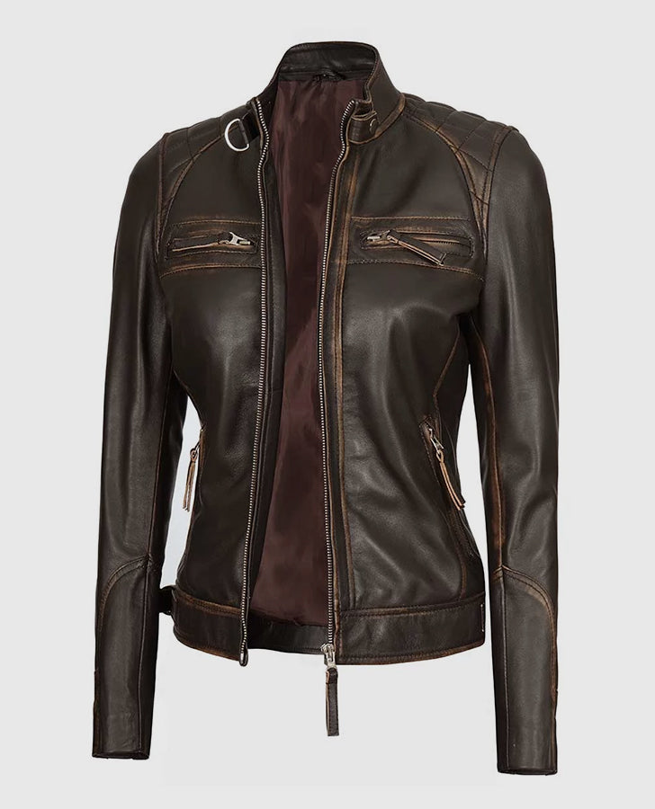 Women's Rub Off Dark Brown Quilted Leather Cafe Racer Jacket - collar and zip close-up