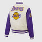 NBA Los Angeles Lakers Women's Purple-white Varsity Leather Jacket - side angle view