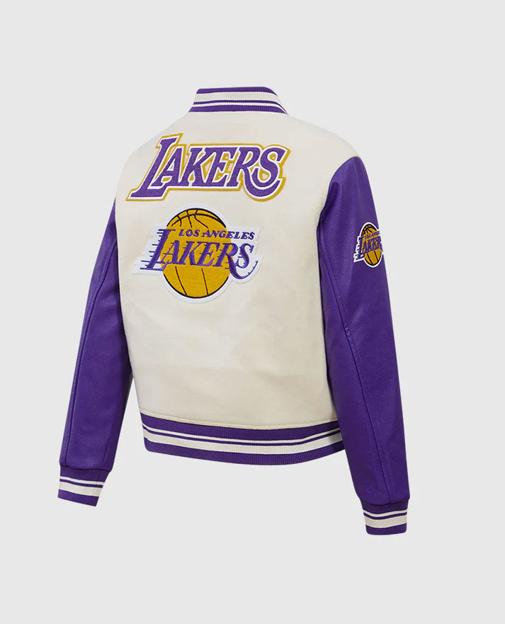 NBA Los Angeles Lakers Women's Purple-white Varsity Leather Jacket - side angle view