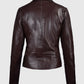 Katie Holmes Maroon Leather Biker Jacket for Women - side angle view