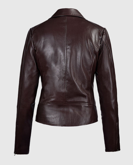 Katie Holmes Maroon Leather Biker Jacket for Women - side angle view