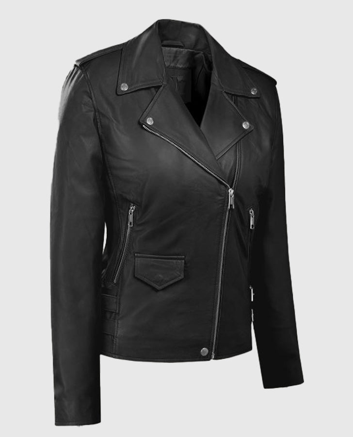 Hilary Duff Younger Black Leather Biker Jacket for Women - collar and zip close-up