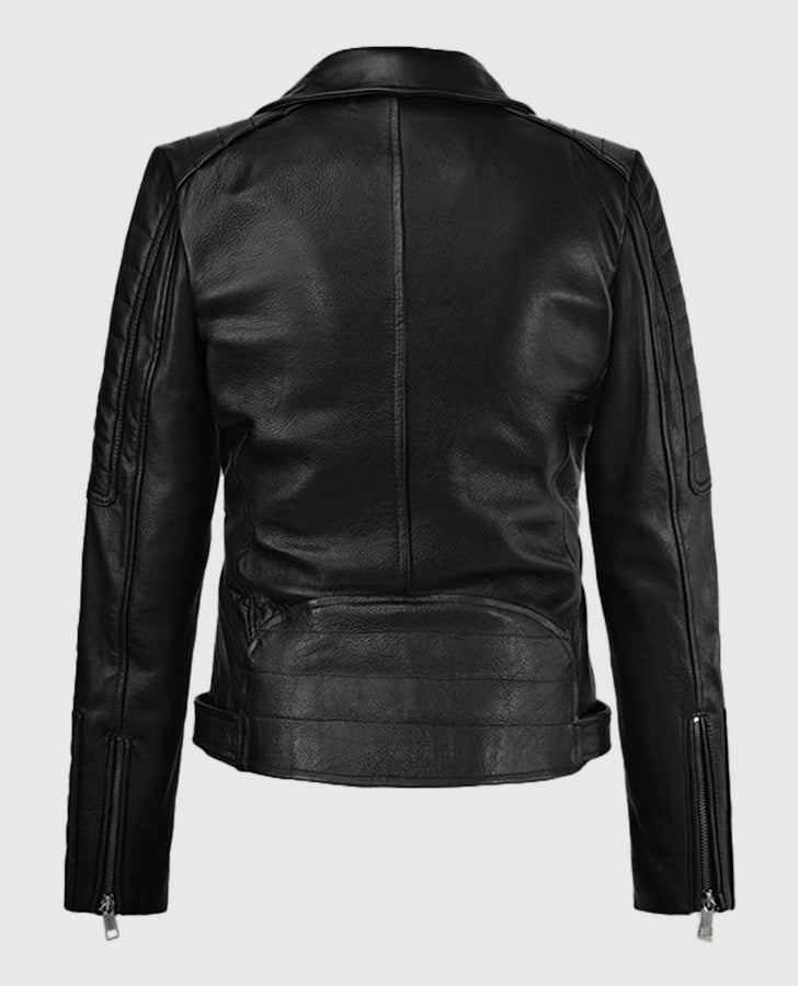 Victoria Justice Black Leather Biker Jacket for Women - side angle view