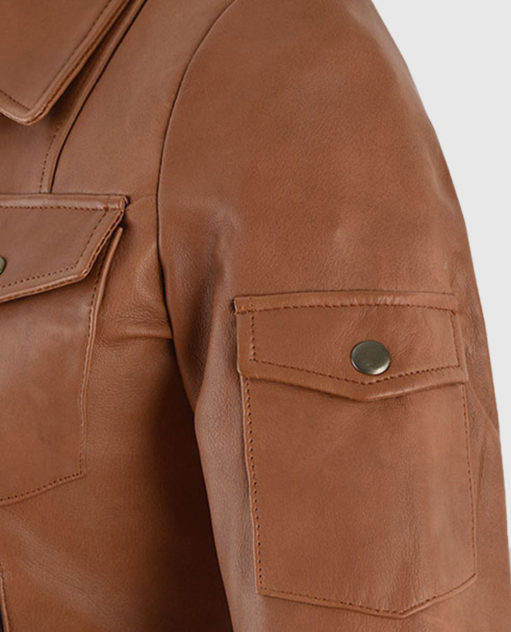 Gigi Hadid Tan Brown Leather Jacket for Women – Custom Fit - collar and zip close-up