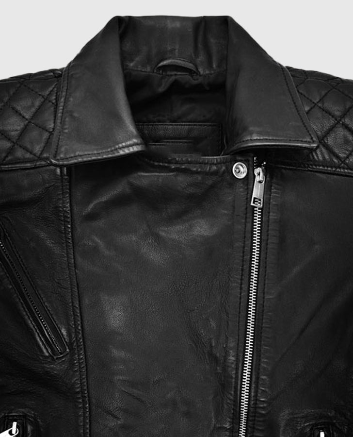 Lucy Hale Puppy Love 2023 Black Leather Biker Jacket for Women - collar and zip close-up
