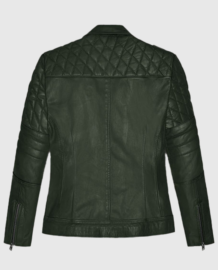 Victoria Justice Green Leather Biker Jacket for Women - side angle view