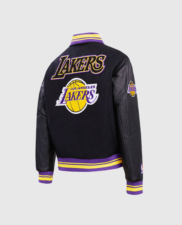 NBA Los Angeles Lakers Women's Black Varsity Leather Jacket - side angle view