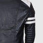 Men's White Stripes Black Cafe Racer Leather Jacket - side angle view