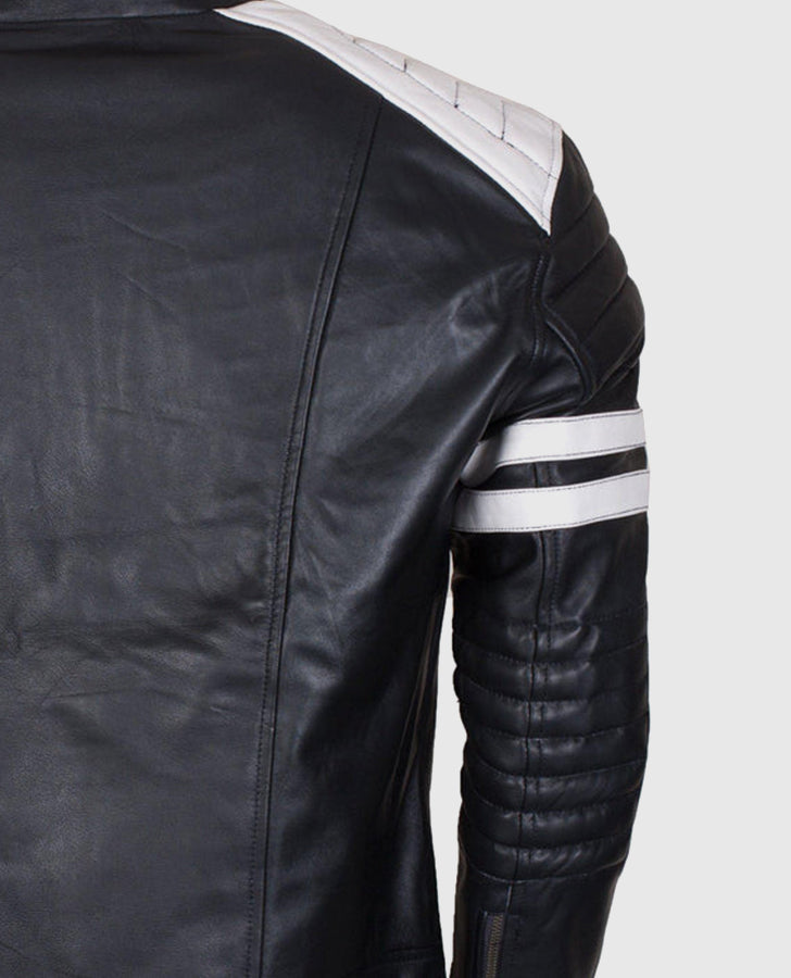 Men's White Stripes Black Cafe Racer Leather Jacket - side angle view