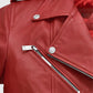 Freaky Millie Red Leather Biker Jacket for Women – Premium Outerwear - collar and zip close-up