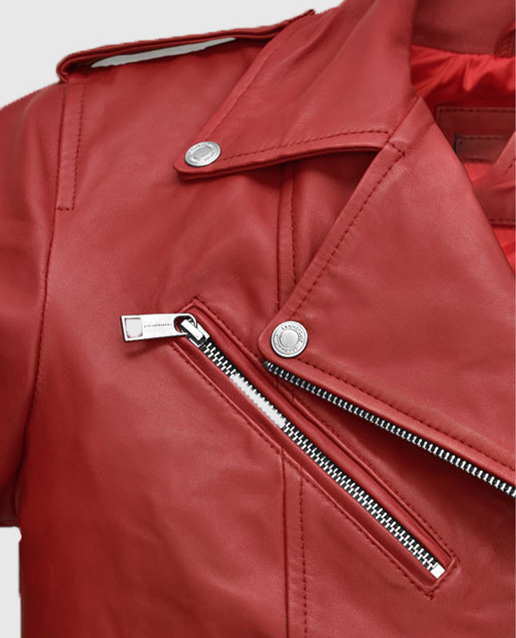 Freaky Millie Red Leather Biker Jacket for Women – Premium Outerwear - collar and zip close-up